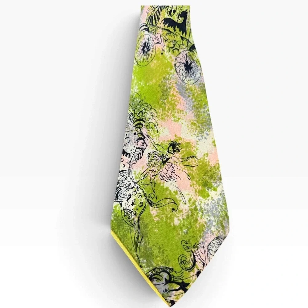 Mens Whimsical Graphic Print Necktie Green Pink Horse Carriage Art Tie RARE!!
